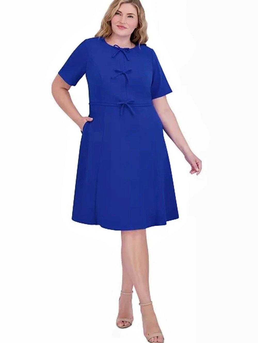 Jessica Howard Bow-Trim Fit & Flare Dress Blue 14W NWT